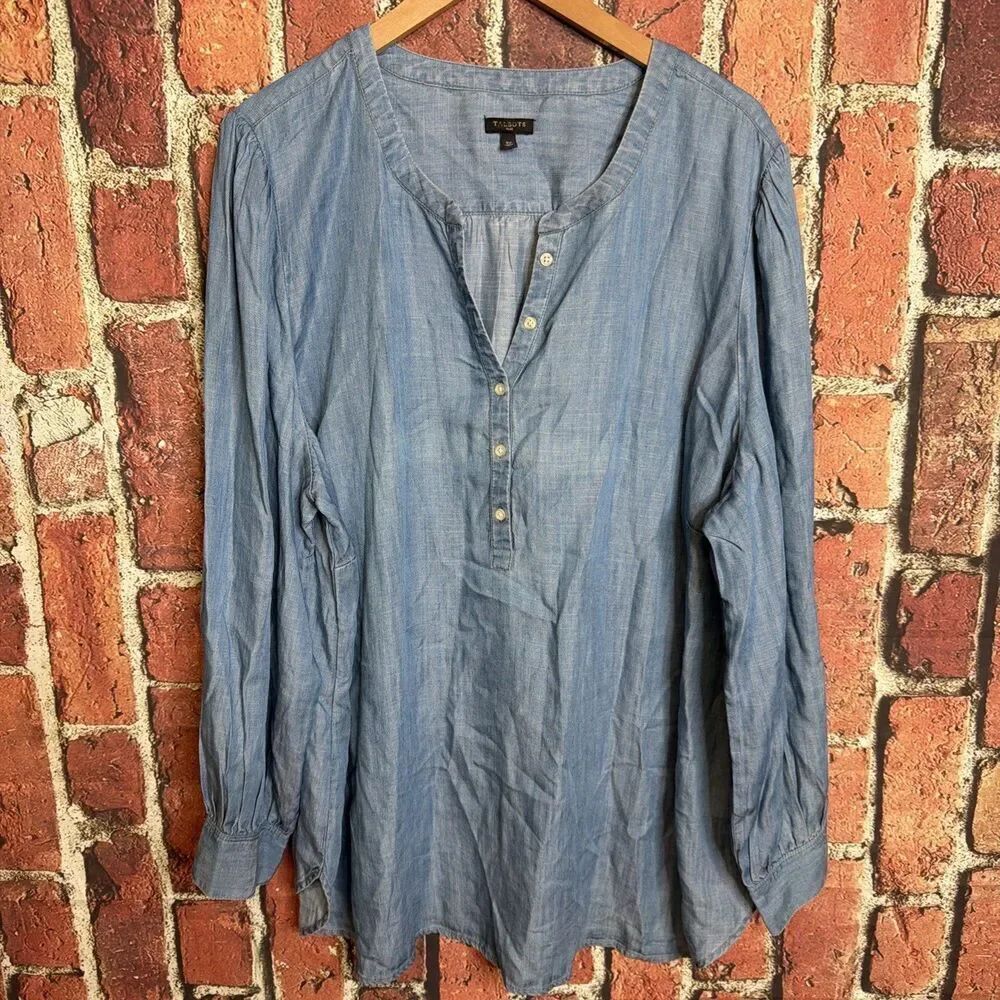 Talbots Women's Plus 3X Chambray Partial Button Front Full Button